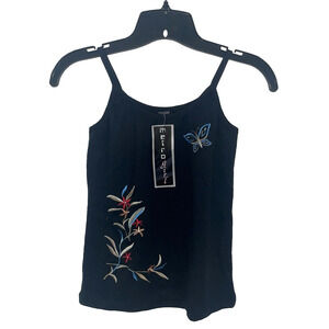 Y2K Metro Girl Tank Top M Black Butterfly Floral Embroidered Camisole NWT
